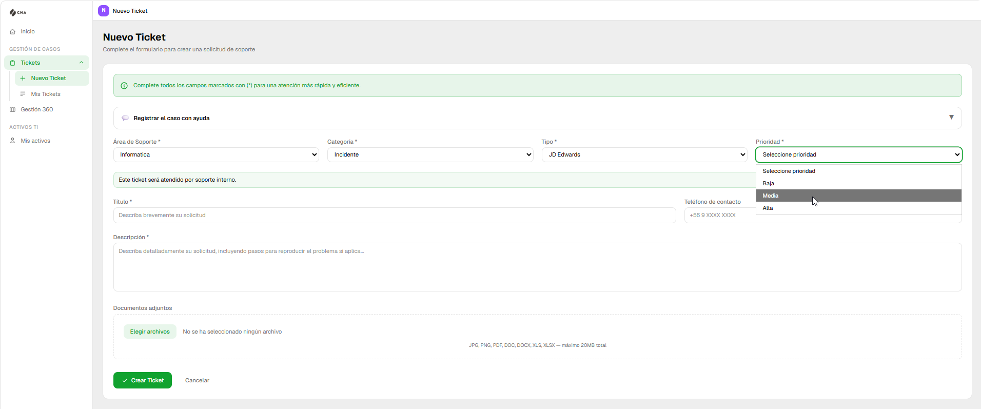 Formulario Nuevo Ticket del Portal Interno del grupo